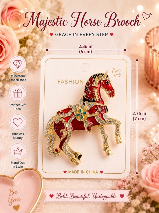 Jewelry - Majestic Horse Brooch - Red & Gold Rhinestone Enamel Pin